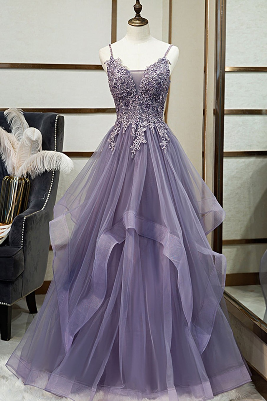 Special Occasion HELLYMOON | Tulle A Line Beaded Prom Dress With Appliques Purple