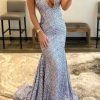 Prom Dresses HELLYMOON | Mermaid Sequins Glitter Prom Dress With Deep V-Neck Grey