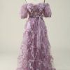 Prom Dresses HELLYMOON | Off The Shoulder A Line Tulle Floral Prom Dress With Ruffles Purple