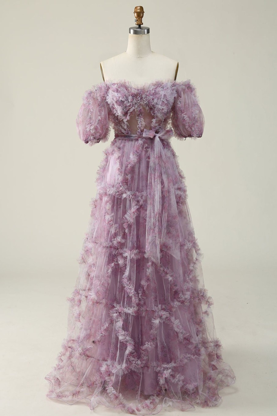 Prom Dresses HELLYMOON | Off The Shoulder A Line Tulle Floral Prom Dress With Ruffles Purple