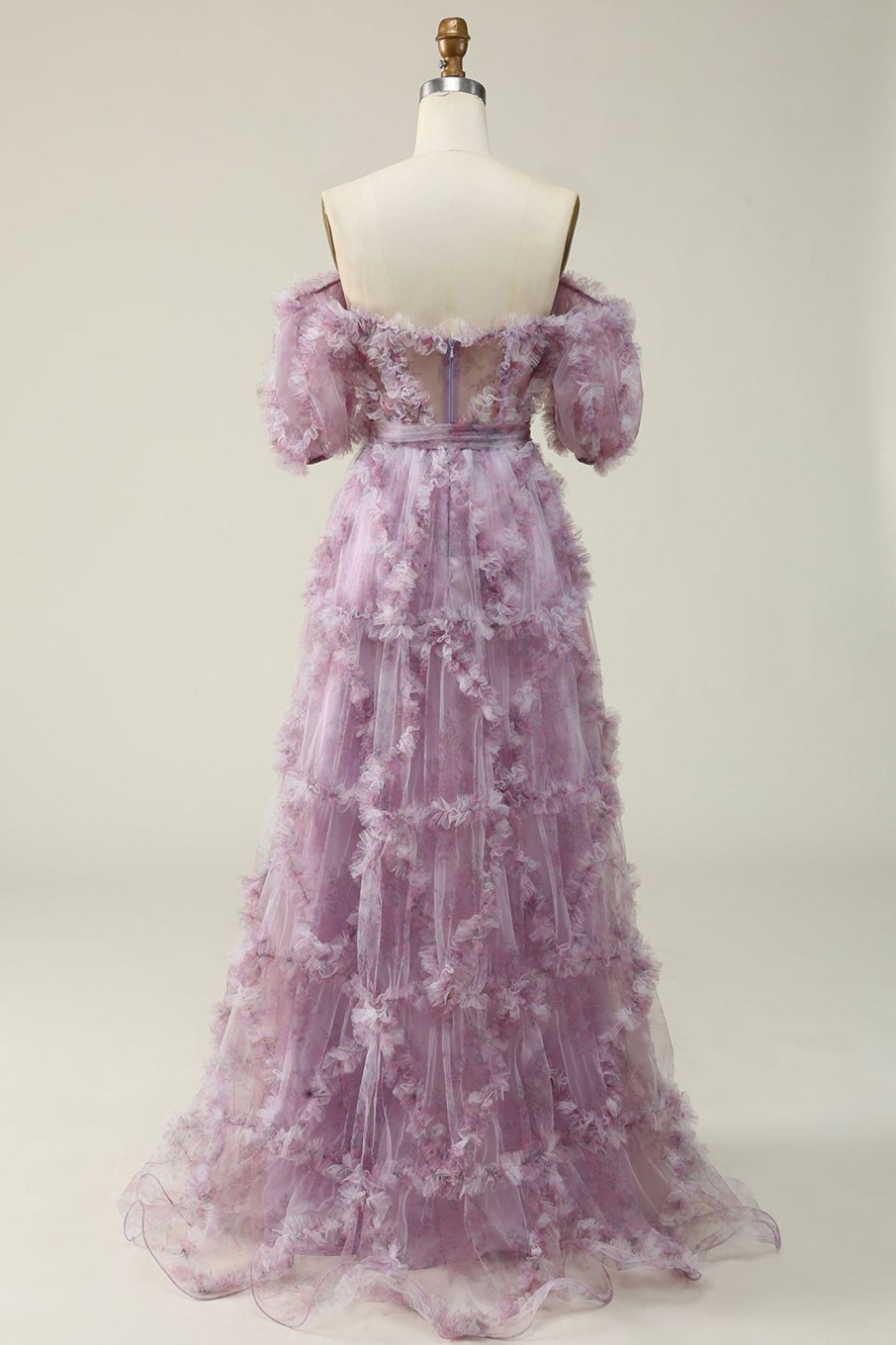 Prom Dresses HELLYMOON | Off The Shoulder A Line Tulle Floral Prom Dress With Ruffles Purple