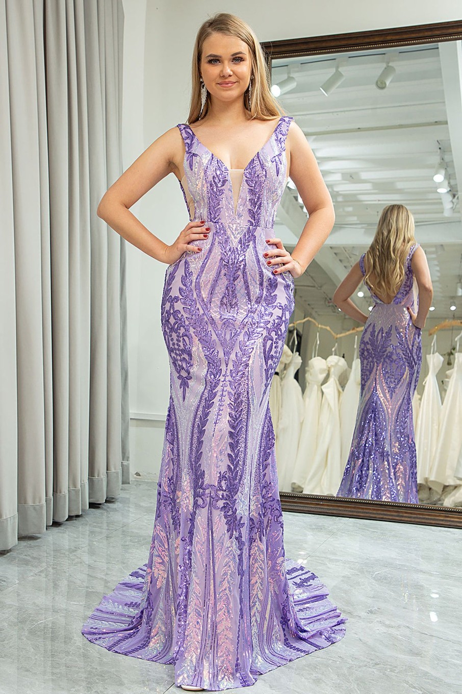 Prom Dresses HELLYMOON | Mermaid Deep V-Neck Long Prom Dress With Sequins Purple