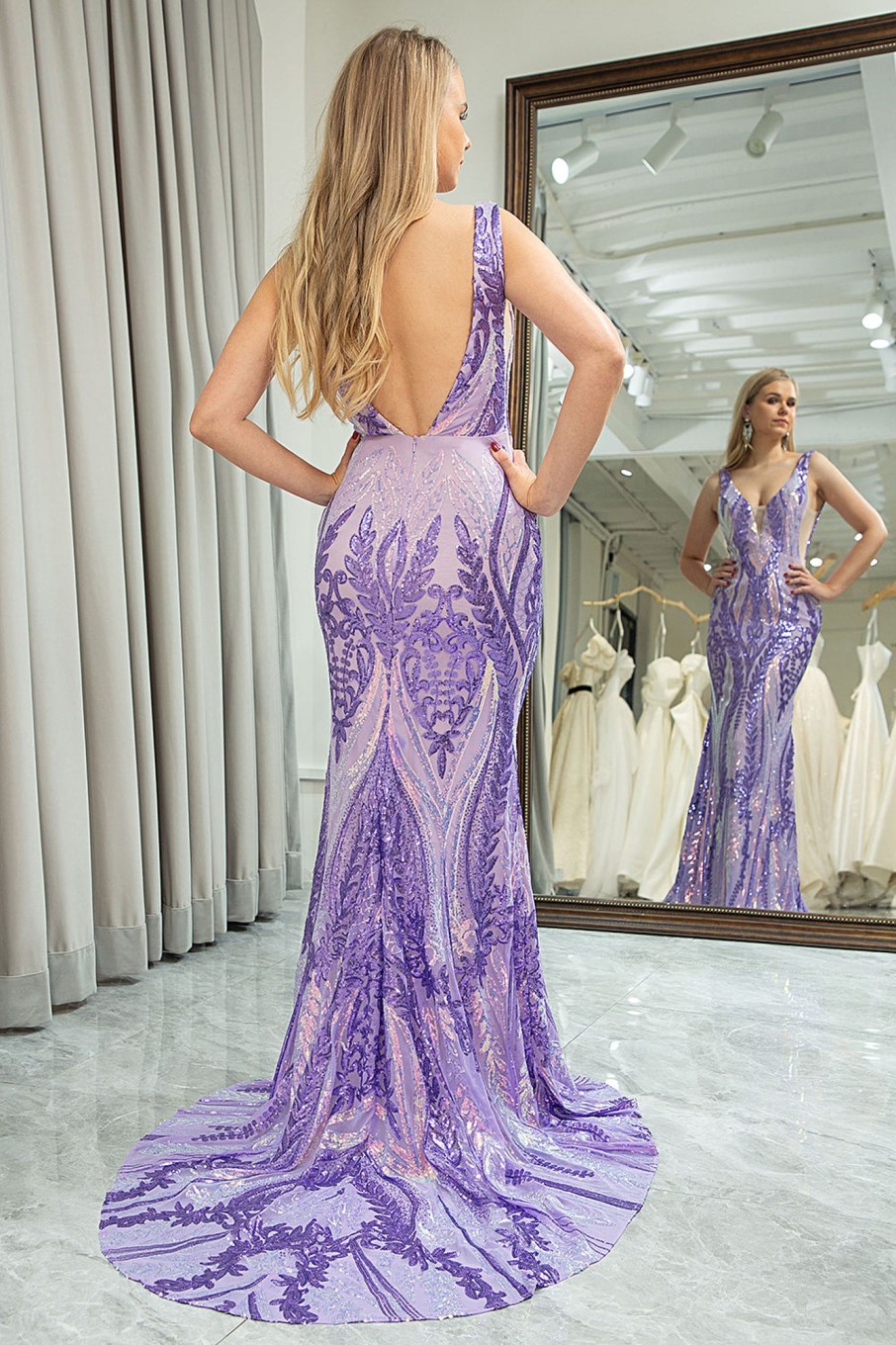 Prom Dresses HELLYMOON | Mermaid Deep V-Neck Long Prom Dress With Sequins Purple