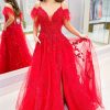 Prom Dresses HELLYMOON | Off The Shoulder Tulle Feathers Prom Dress With Slit Red