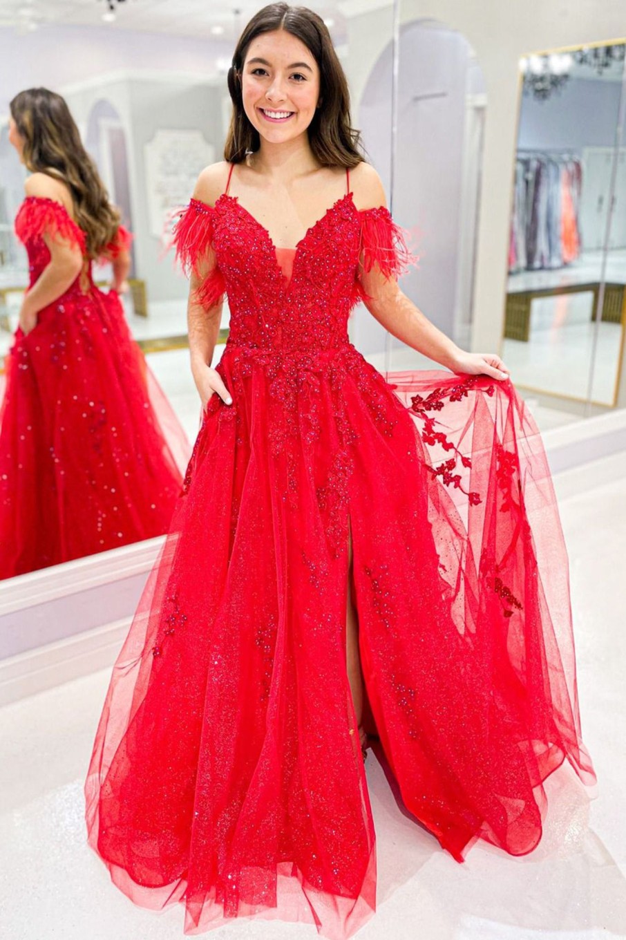 Prom Dresses HELLYMOON | Off The Shoulder Tulle Feathers Prom Dress With Slit Red