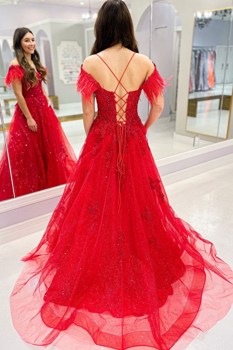 Prom Dresses HELLYMOON | Off The Shoulder Tulle Feathers Prom Dress With Slit Red