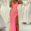 Prom Dresses HELLYMOON | Sparkly Mermaid V-Neck Long Sequin Prom Dress With Slit Hot Pink