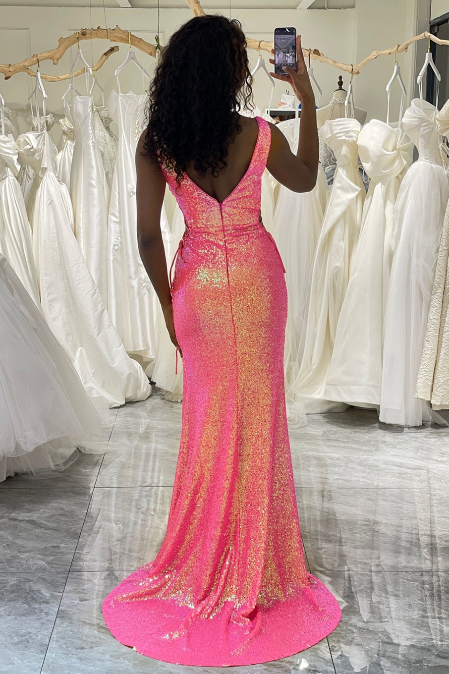 Prom Dresses HELLYMOON | Sparkly Mermaid V-Neck Long Sequin Prom Dress With Slit Hot Pink