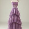 Prom Dresses HELLYMOON | Floral Print Spaghetti Straps Tulle Corset Prom Dress Purple