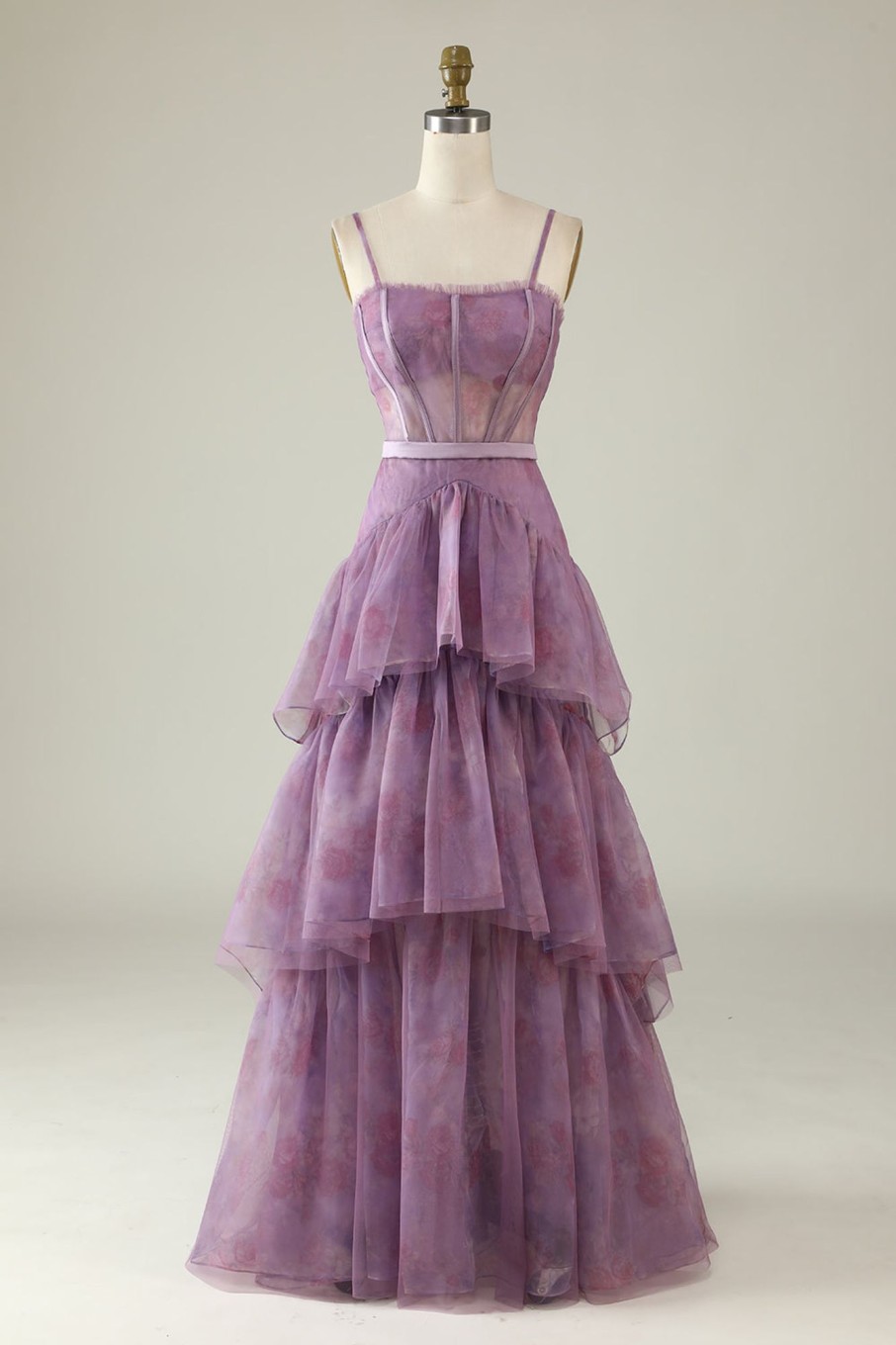 Prom Dresses HELLYMOON | Floral Print Spaghetti Straps Tulle Corset Prom Dress Purple