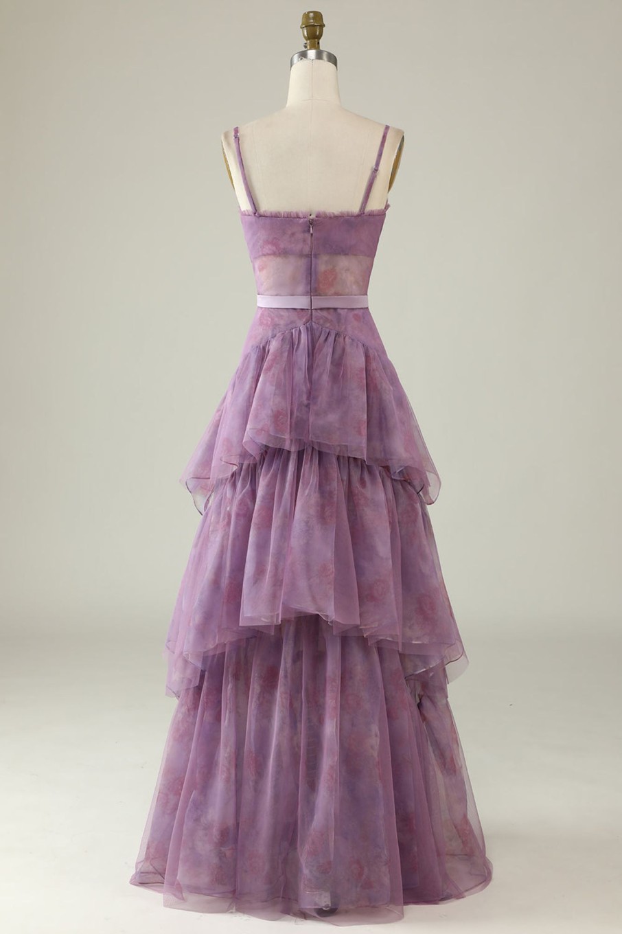 Prom Dresses HELLYMOON | Floral Print Spaghetti Straps Tulle Corset Prom Dress Purple