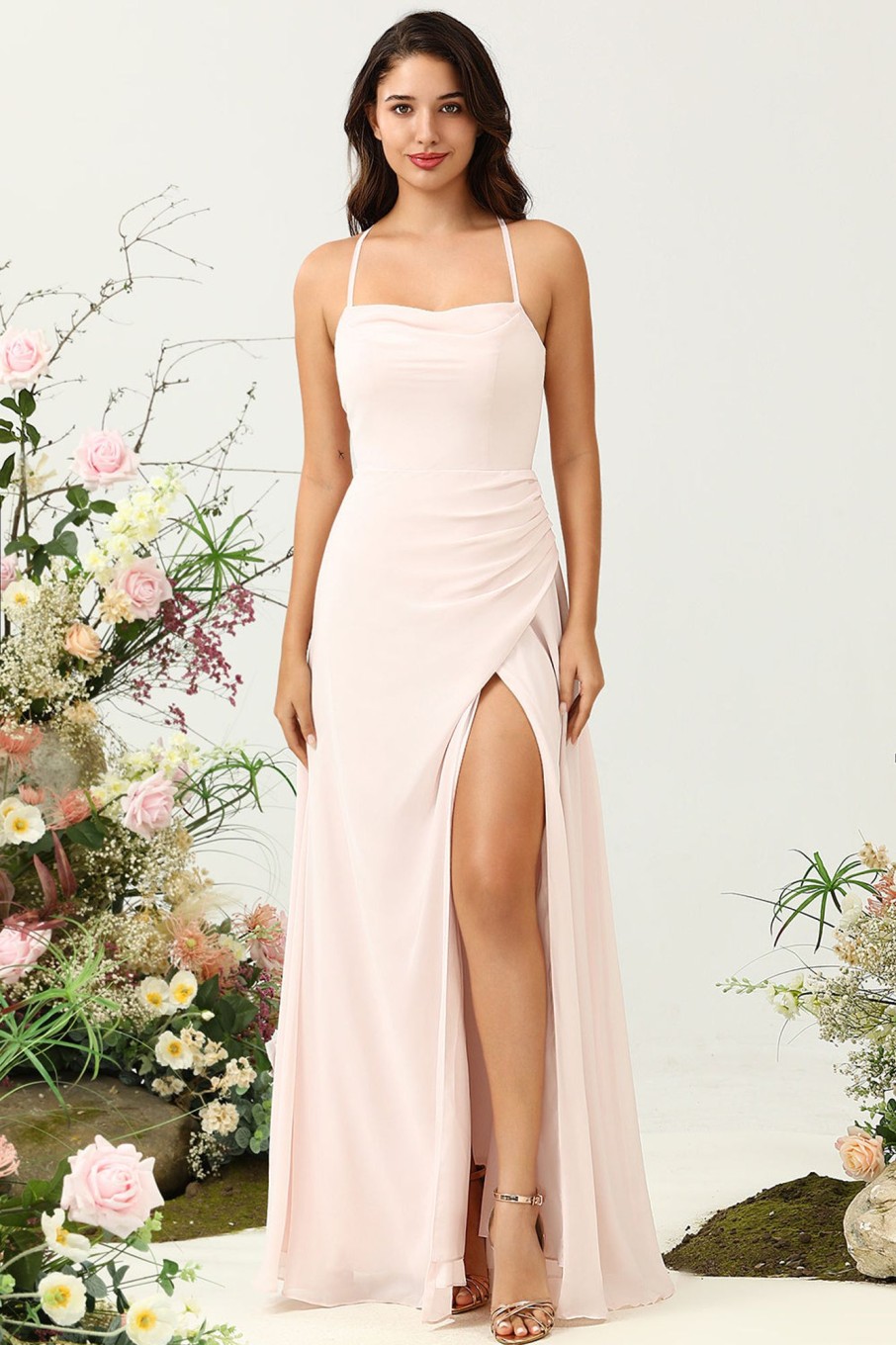 Partywear HELLYMOON | Mermaid Chiffon Long Bridesmaid Dress With Slit Pink