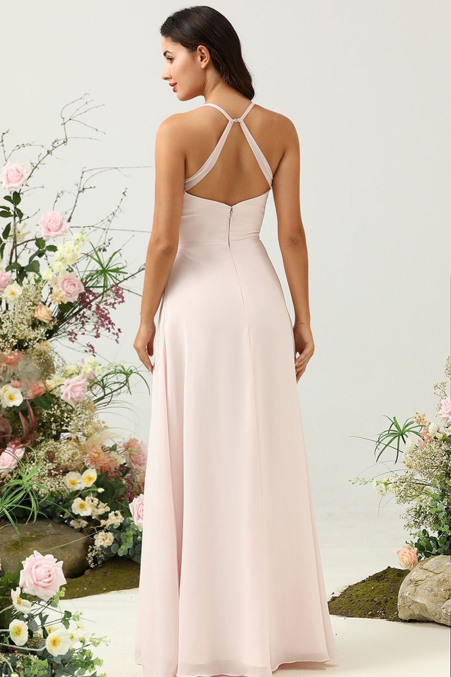 Partywear HELLYMOON | Mermaid Chiffon Long Bridesmaid Dress With Slit Pink