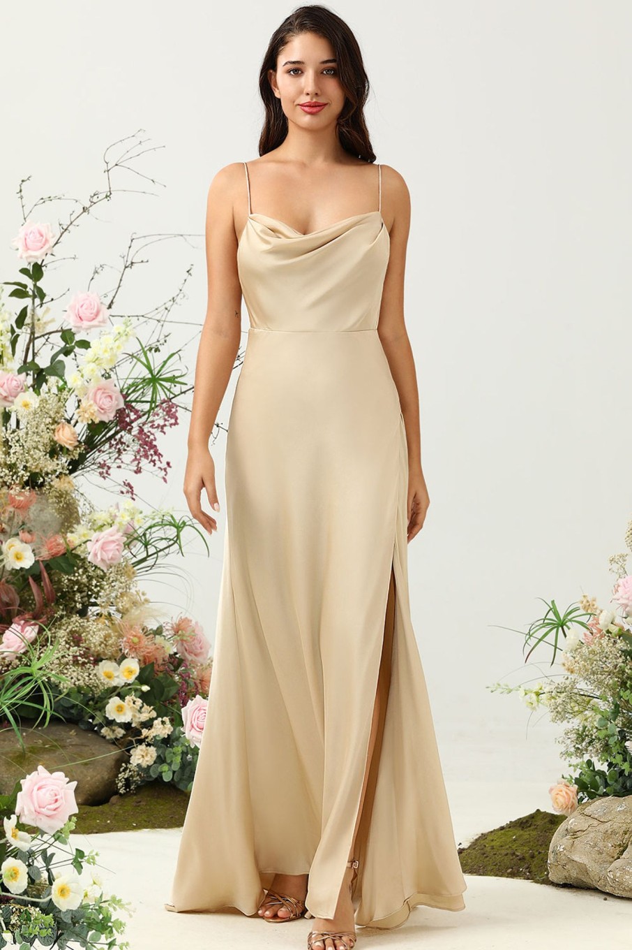 Partywear HELLYMOON | Spaghetti Straps Wedding Guest Dress With Slit Champagne