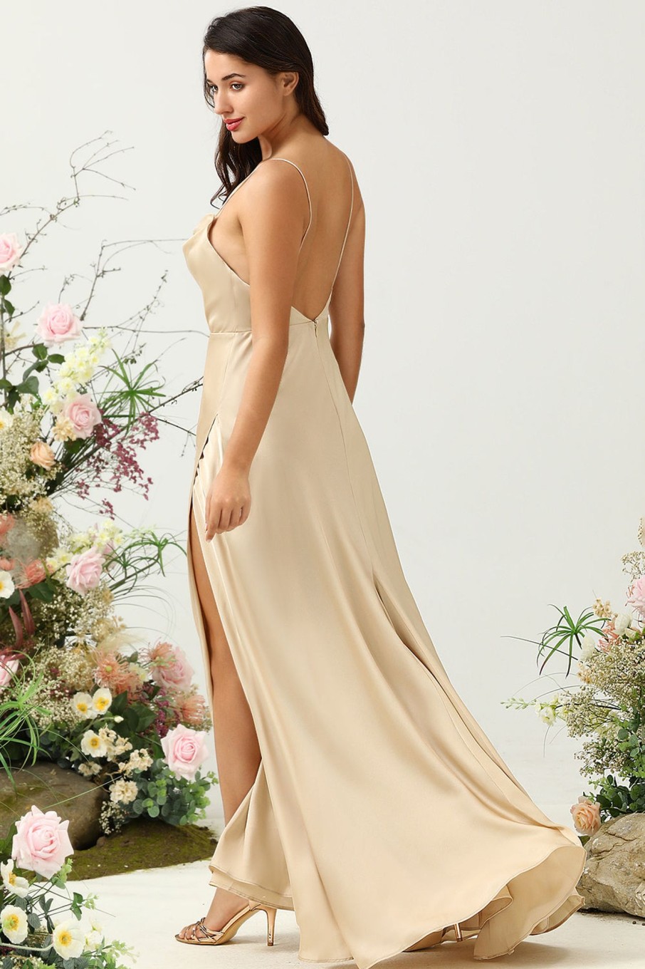 Partywear HELLYMOON | Spaghetti Straps Wedding Guest Dress With Slit Champagne