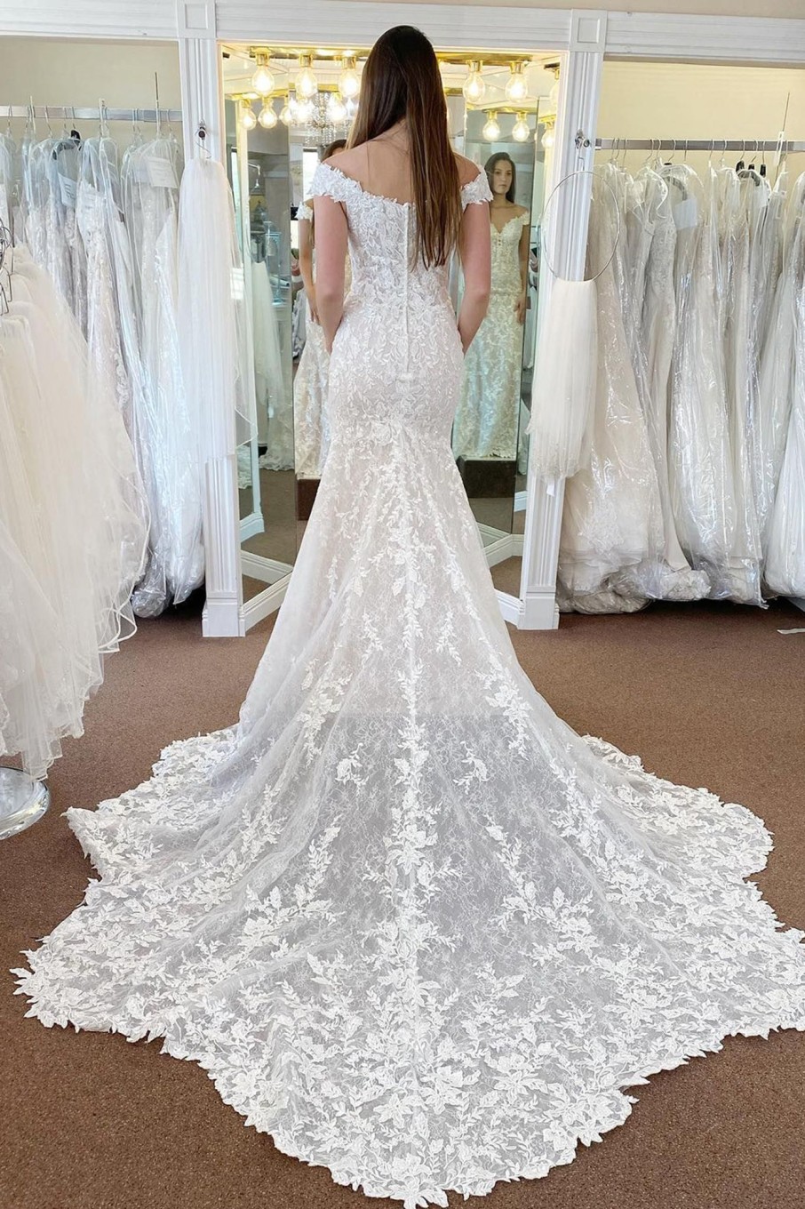 Wedding Dresses HELLYMOON | Off The Shoulder Long Lace Mermaid Wedding Dress Ivory