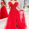 Special Occasion HELLYMOON | Off The Shoulder Tulle Feathers Prom Dress With Slit Red