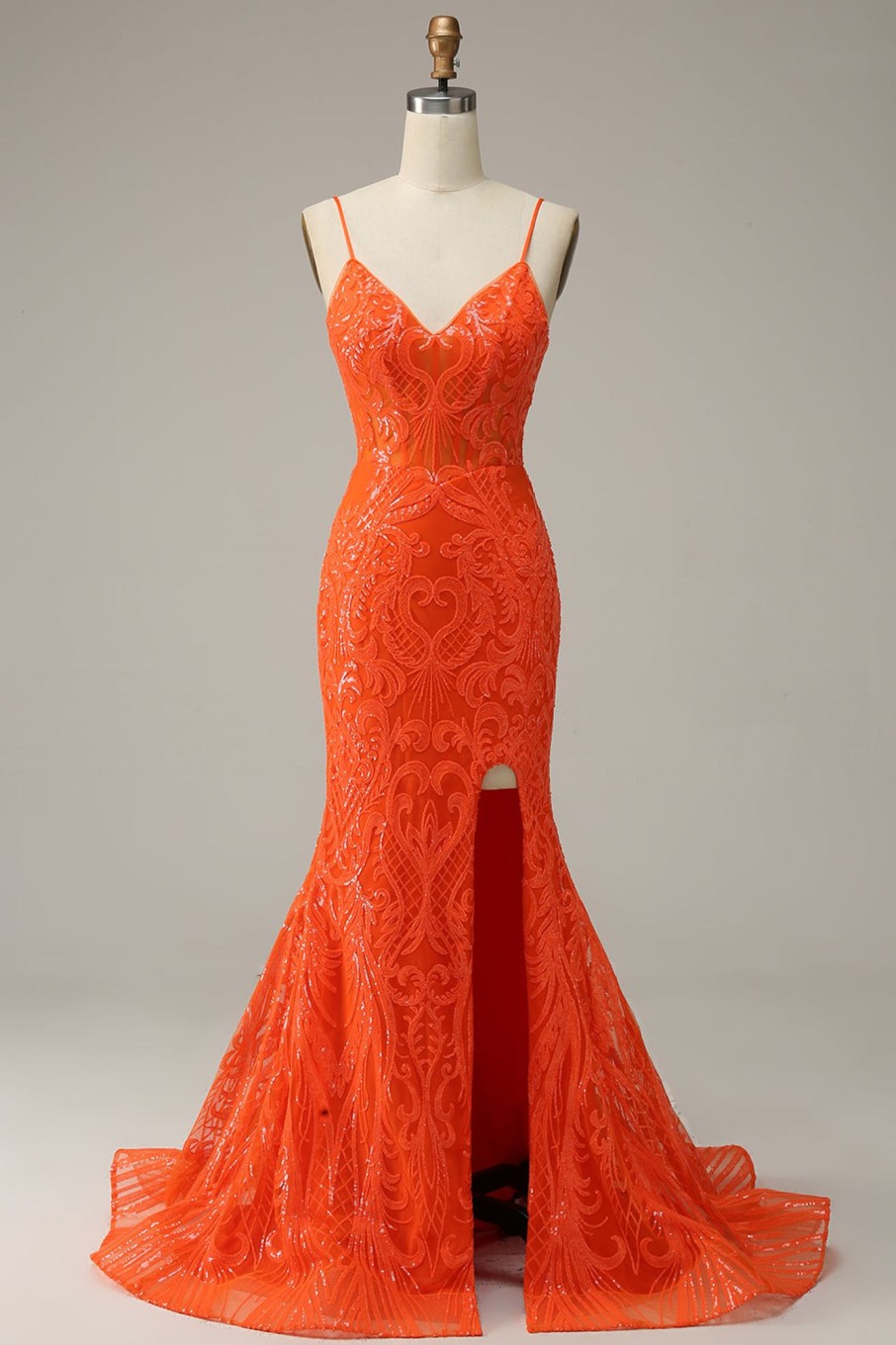 Prom Dresses HELLYMOON | Mermaid Spaghetti Straps Long Prom Dress With Slit Orange