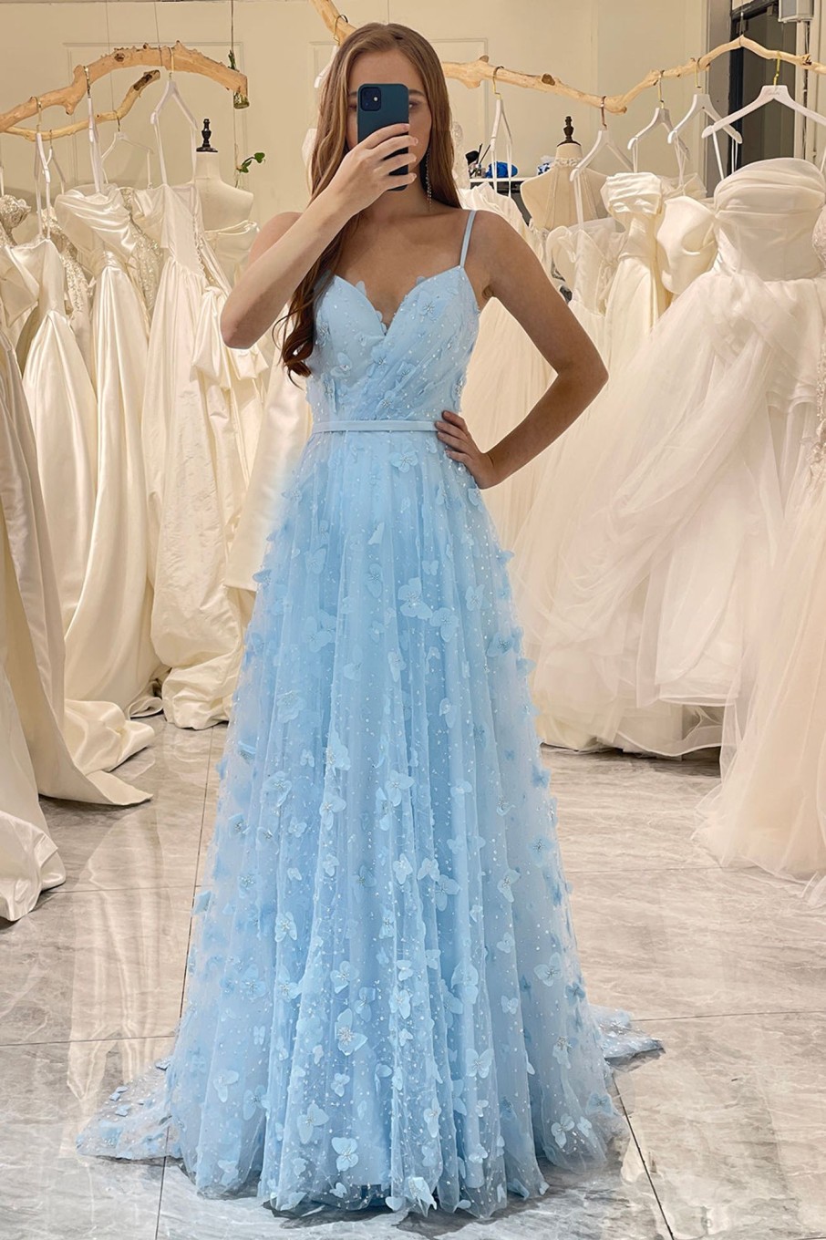 Prom Dresses HELLYMOON | A Line Spaghetti Straps Long Prom Dress With 3D Butterflies Sky Blue