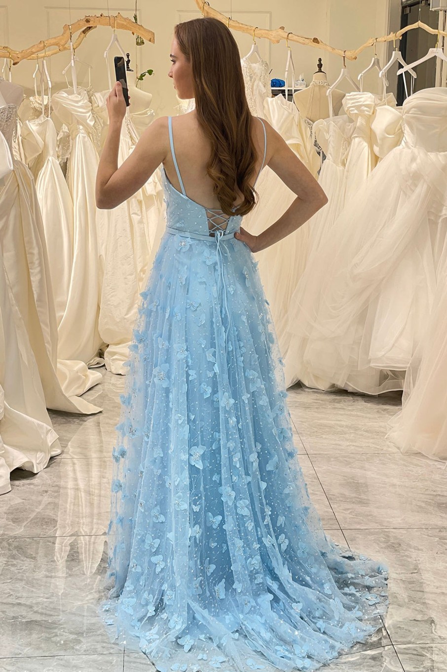 Prom Dresses HELLYMOON | A Line Spaghetti Straps Long Prom Dress With 3D Butterflies Sky Blue