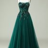 Prom Dresses HELLYMOON | A Line Spaghetti Straps Corset Prom Dress With Appliques Dark Green