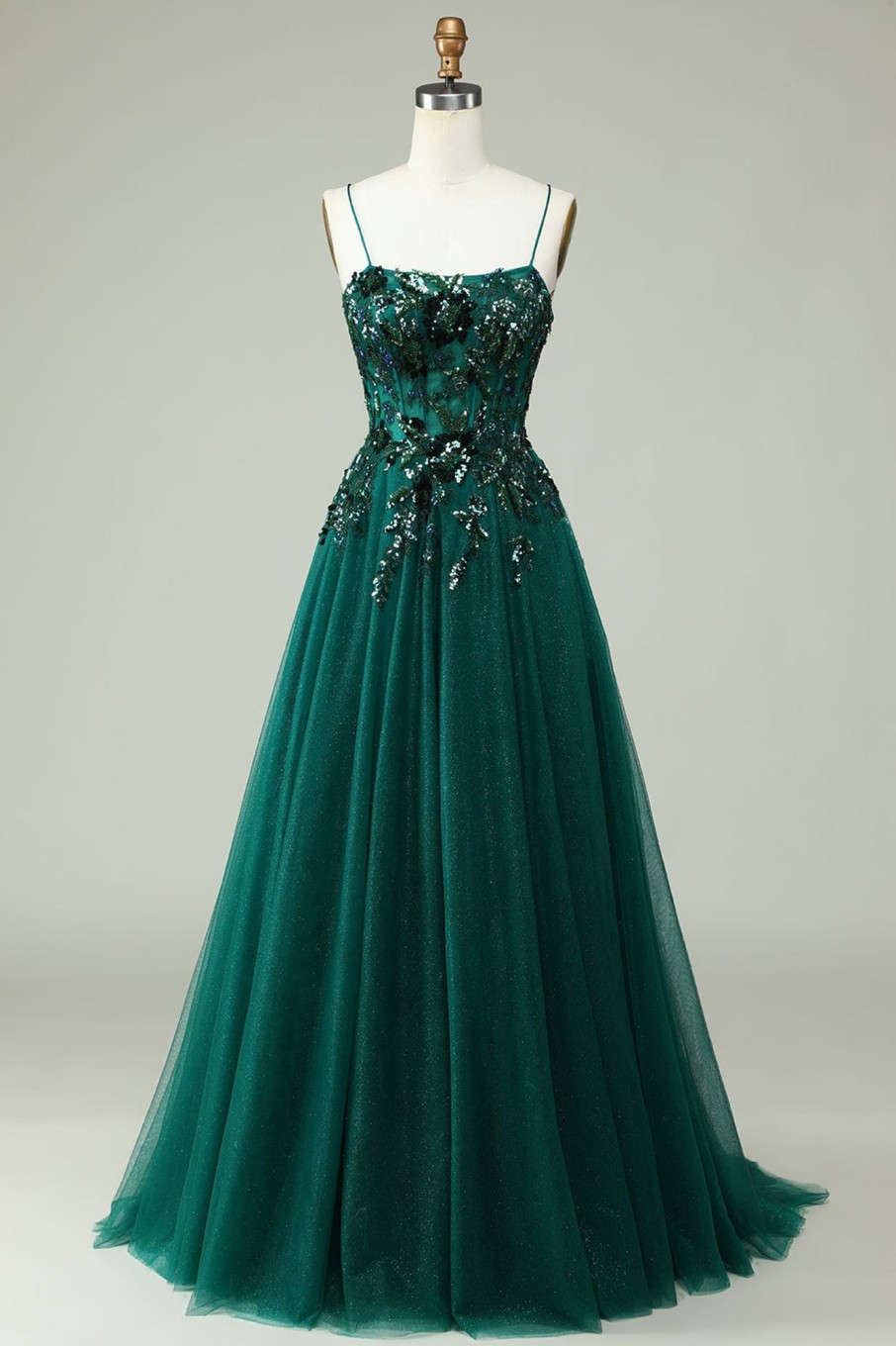 Prom Dresses HELLYMOON | A Line Spaghetti Straps Corset Prom Dress With Appliques Dark Green