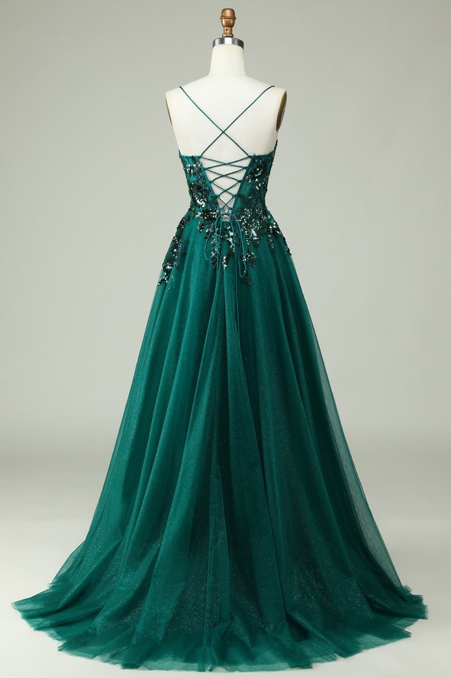 Prom Dresses HELLYMOON | A Line Spaghetti Straps Corset Prom Dress With Appliques Dark Green