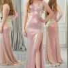 Prom Dresses HELLYMOON | Sparkly Mermaid V-Neck Long Sequin Prom Dress With Slit Blush