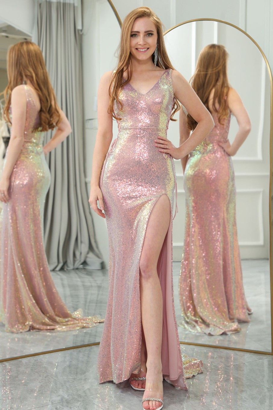 Prom Dresses HELLYMOON | Sparkly Mermaid V-Neck Long Sequin Prom Dress With Slit Blush