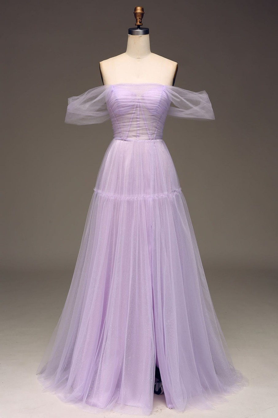 Prom Dresses HELLYMOON | Off The Shoulder A Line Tulle Princess Prom Dress With Slit Lilac