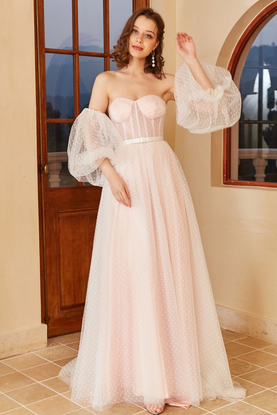 Wedding Dresses HELLYMOON | Pink Polka Dots Wedding Dress With Puff Sleeves White