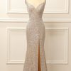 Prom Dresses HELLYMOON | Silver Sequins Long Prom Dress With Slit Champagne