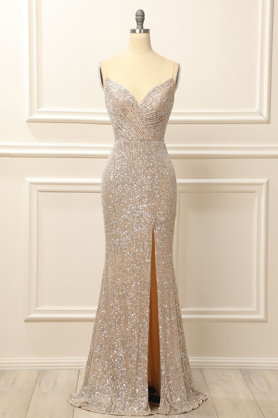 Prom Dresses HELLYMOON | Silver Sequins Long Prom Dress With Slit Champagne