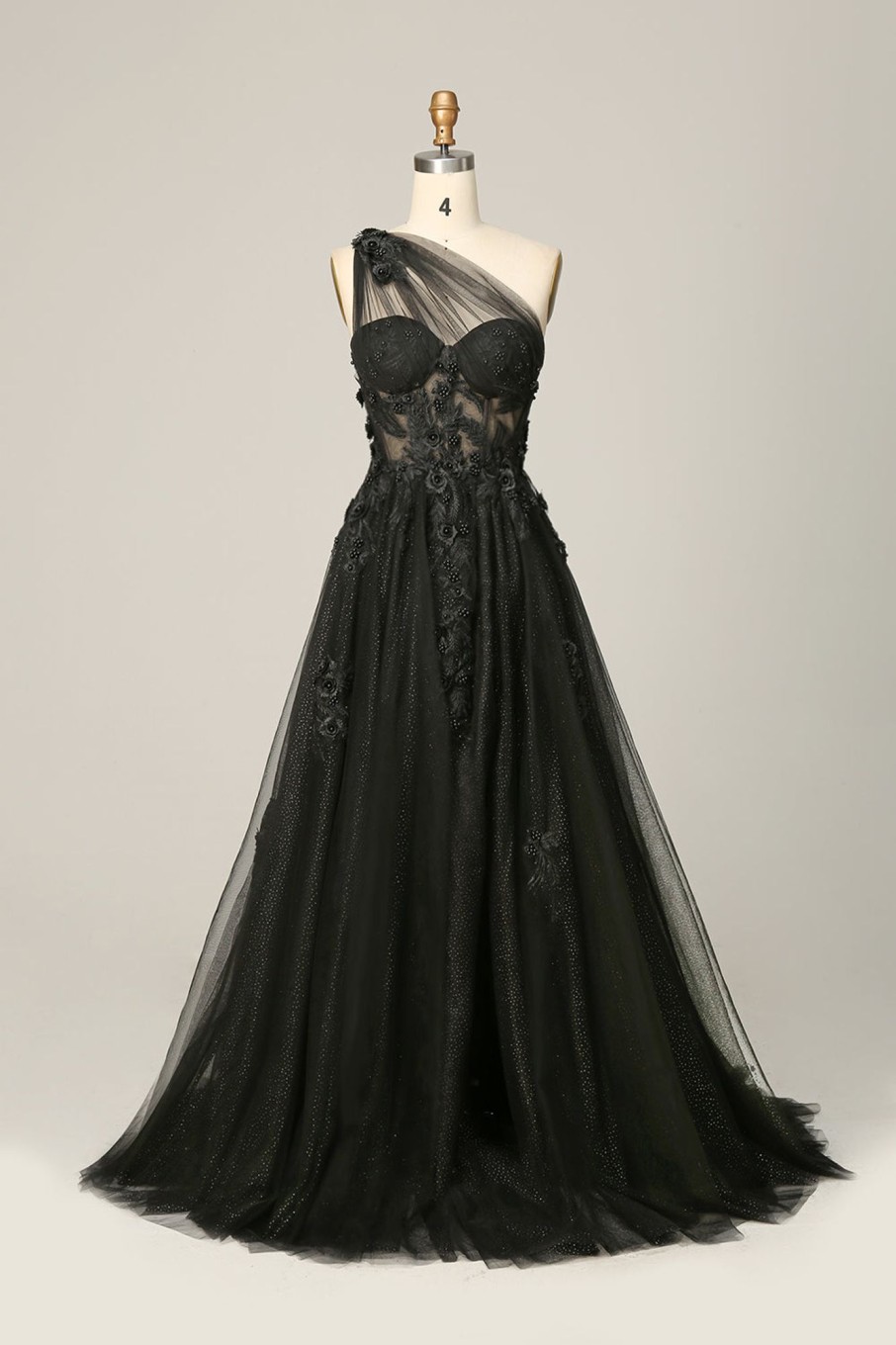 Special Occasion HELLYMOON | One Shoulder A Line Tulle Prom Dress With Beading Black