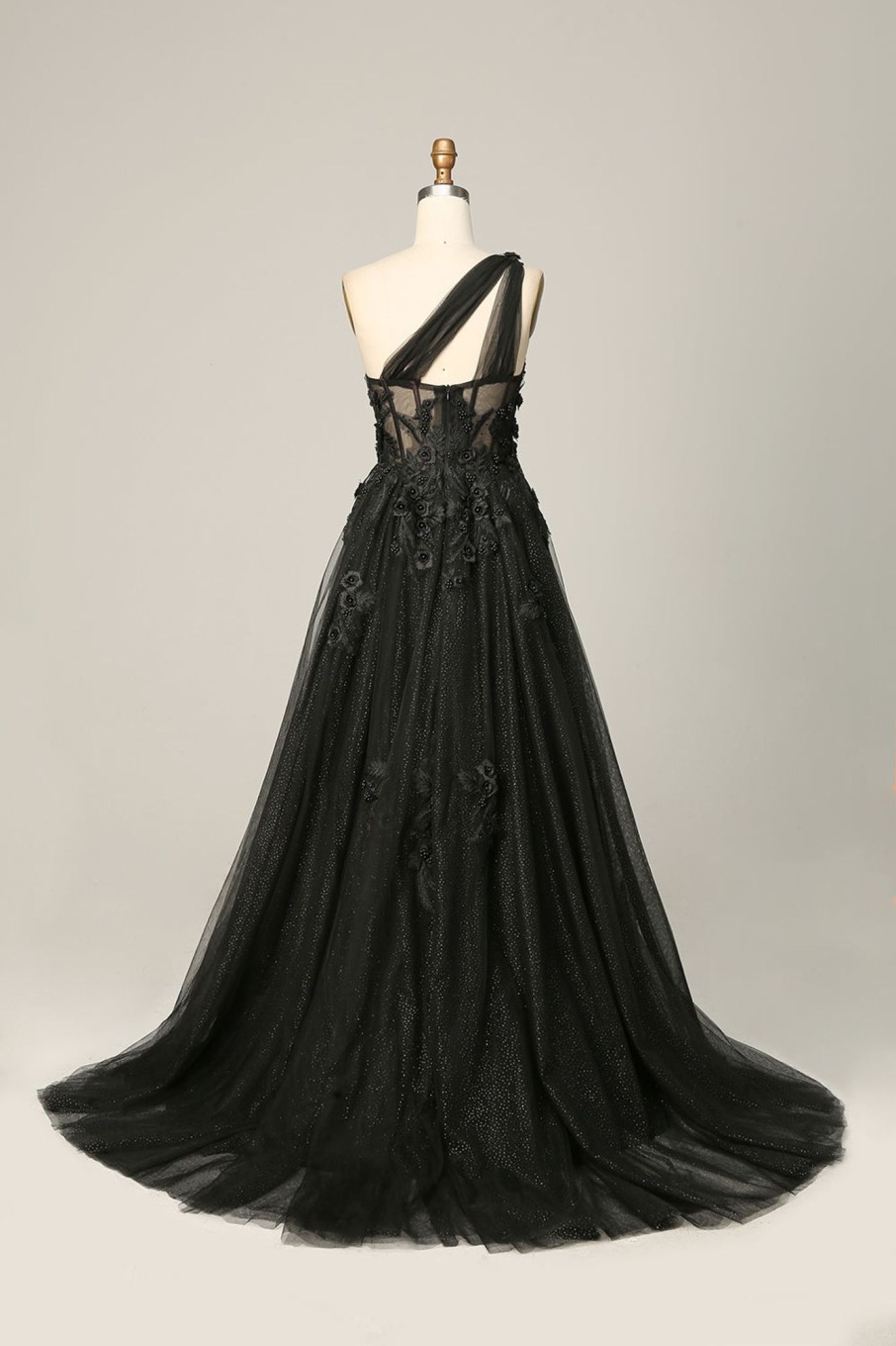 Special Occasion HELLYMOON | One Shoulder A Line Tulle Prom Dress With Beading Black