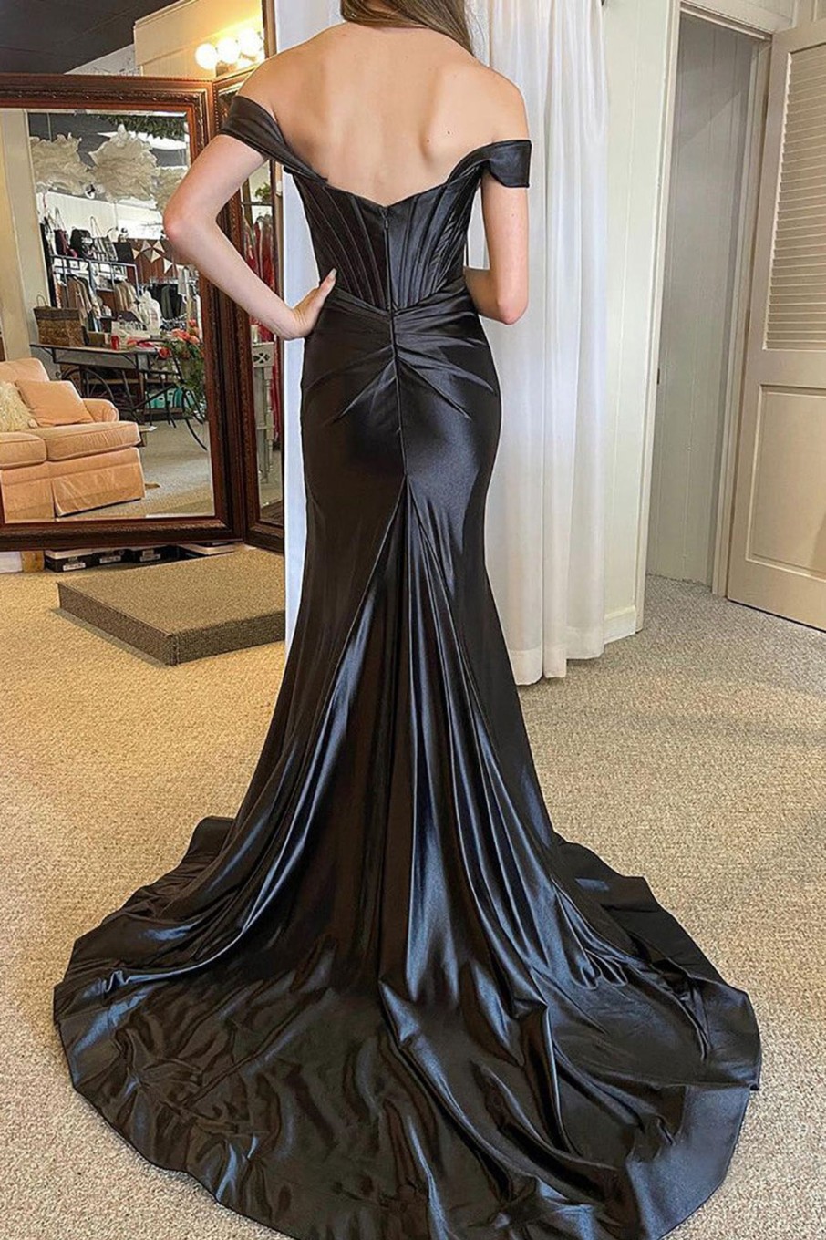 Prom Dresses HELLYMOON | Off The Shoulder Satin Corset Prom Dress With Slit Black