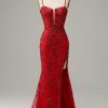 Special Occasion HELLYMOON | Mermaid Spaghetti Straps Sequins Long Prom Dress With Split Front Red