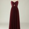 Prom Dresses HELLYMOON | Spaghetti Straps Lace Wedding Guest Dress With Hollow-Out Burgundy