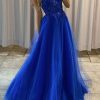 Prom Dresses HELLYMOON | A Line Princess Beading Prom Dress With Appliques Royal Blue