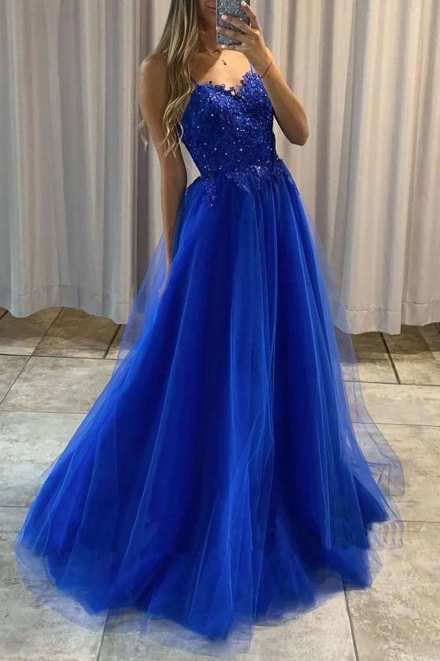 Prom Dresses HELLYMOON | A Line Princess Beading Prom Dress With Appliques Royal Blue