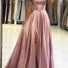 Partywear HELLYMOON | Satin A-Line Simple Prom Dress With Slit Blush