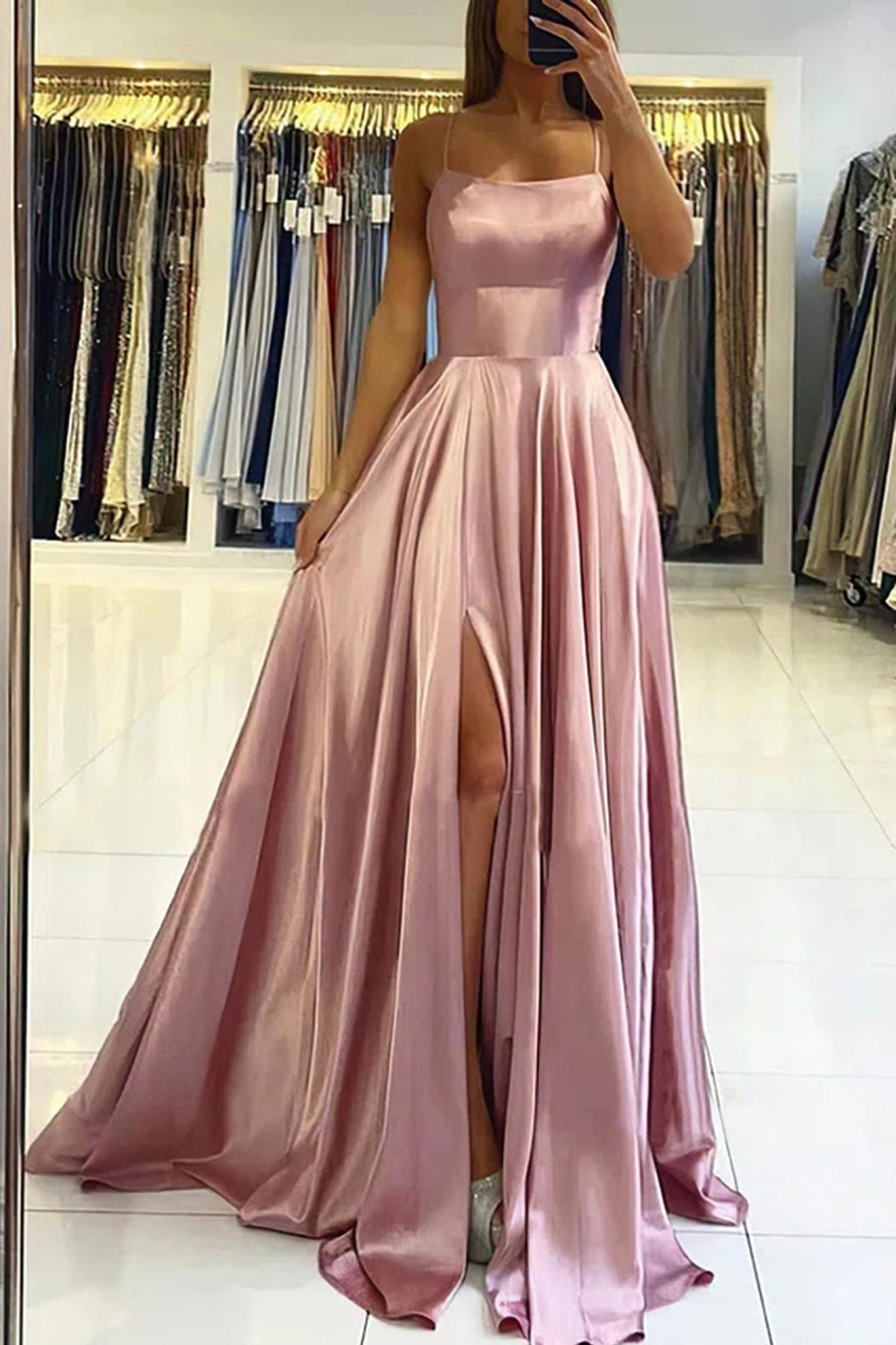 Partywear HELLYMOON | Satin A-Line Simple Prom Dress With Slit Blush