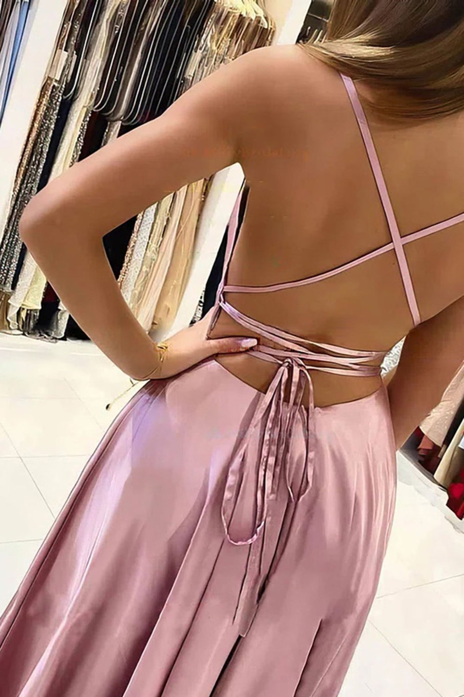 Partywear HELLYMOON | Satin A-Line Simple Prom Dress With Slit Blush