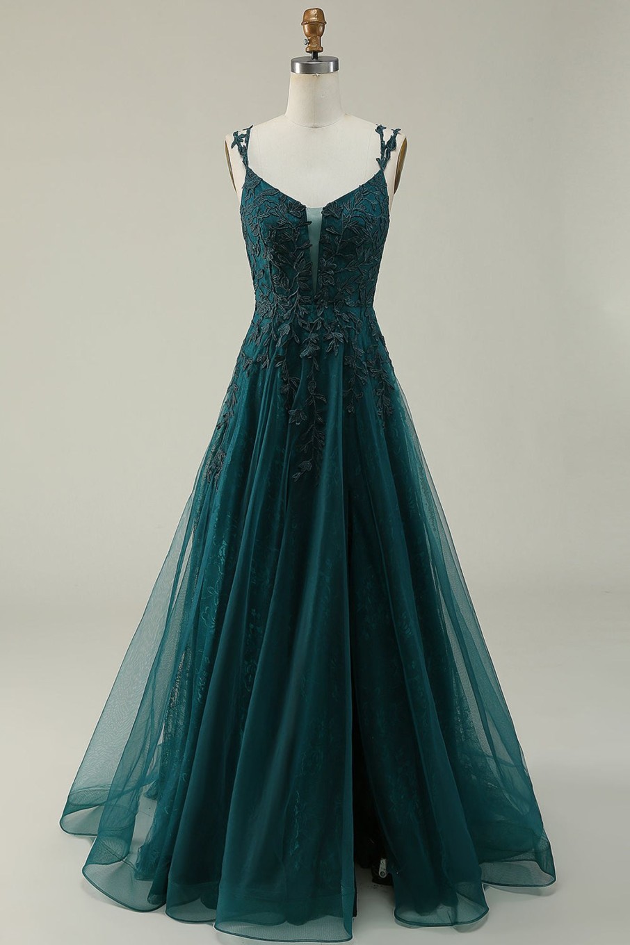 Prom Dresses HELLYMOON | A Line Tulle Appliques Prom Dress With Slit Dark Green