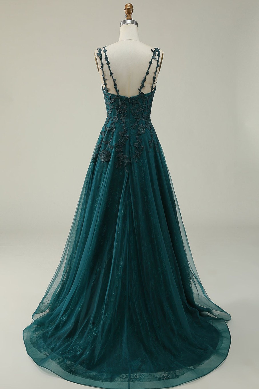 Prom Dresses HELLYMOON | A Line Tulle Appliques Prom Dress With Slit Dark Green