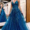 Prom Dresses HELLYMOON | Glitter Lace A-Line Long Prom Dress Blue