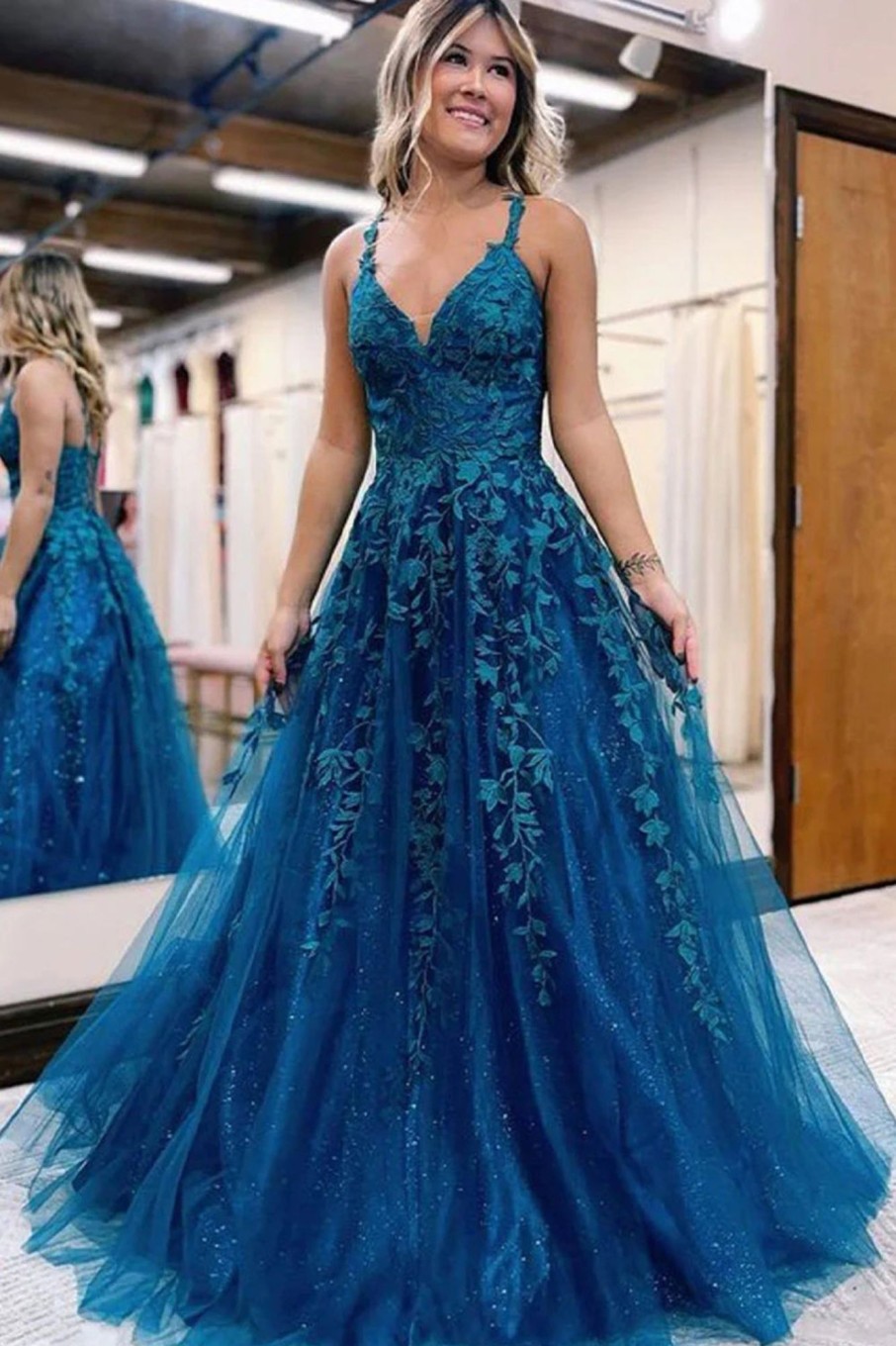 Prom Dresses HELLYMOON | Glitter Lace A-Line Long Prom Dress Blue