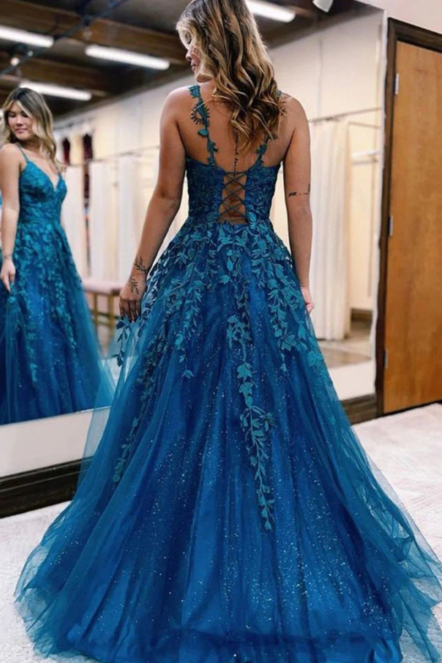 Prom Dresses HELLYMOON | Glitter Lace A-Line Long Prom Dress Blue