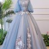 Prom Dresses HELLYMOON | Off The Shoulder Quinceanera Dresses With Appliques Grey Blue