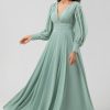 Partywear HELLYMOON | Detachable Long Sleeves Chiffon Green Bridesmaid Dress With Pleated